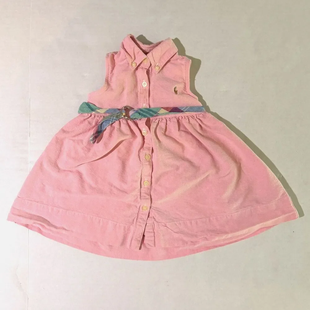 Ralph Lauren, Girl's Pink Oxford Button Sleeveless Flare Shirt Dress, 12-18m